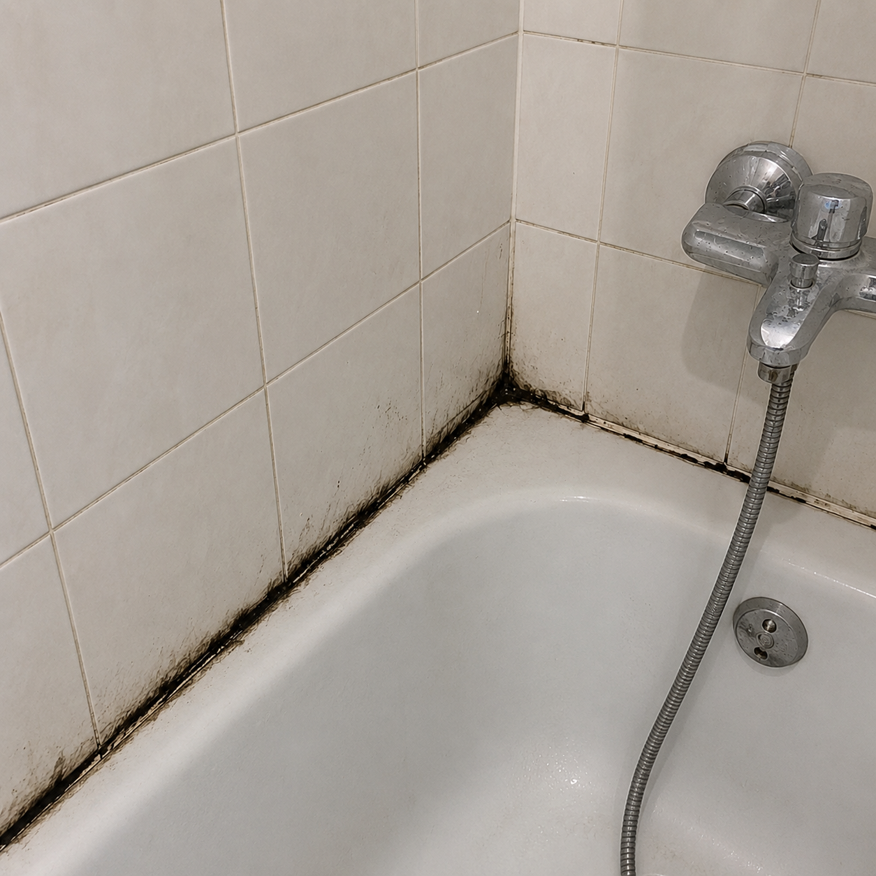 Joint de baignoire noirci et moisi avant intervention